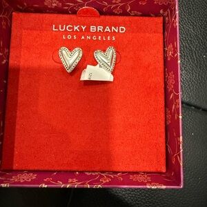 Lucky Brand Silver Tone Crystal Heart Post Earrings, new  In Gift Box